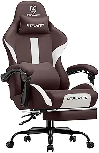GTRACING Gaming Chair with Foot Rest & Pocket Spring Cushion, Breathable Fabric for Home Office Desk, Ergonomic High Back Computer Chair with Headrest & Lumbar Support, Brown