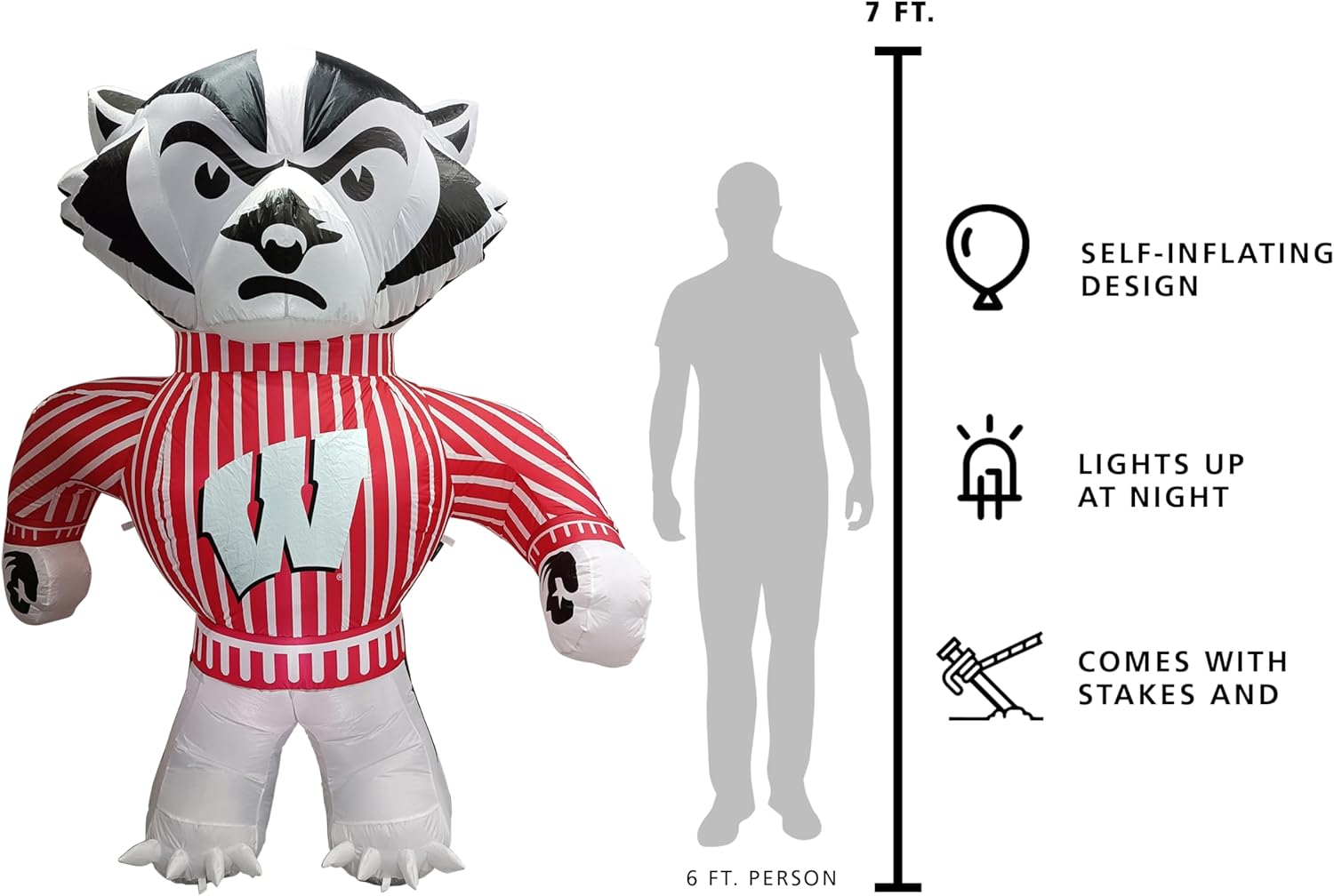 Logo Brands NCAA Wisconsin Badgers 7ft Inflatable Yard Mascot – Easy Inflation with 12V Blower, LED Lights for Indoor/Outdoor Fun