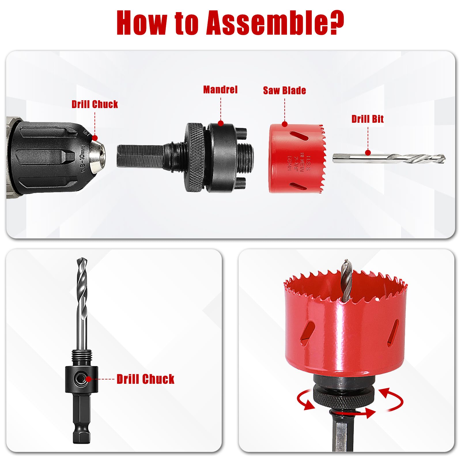 HYCHIKA - Kit per sega a tazza bimetallica, 17 pezzi, in acciaio ad alta velocità, da 3/4" a 2-1/2", in custodia con mandrini, punta per sega a tazza, sega a tazza per metallo sottile, legno duro,