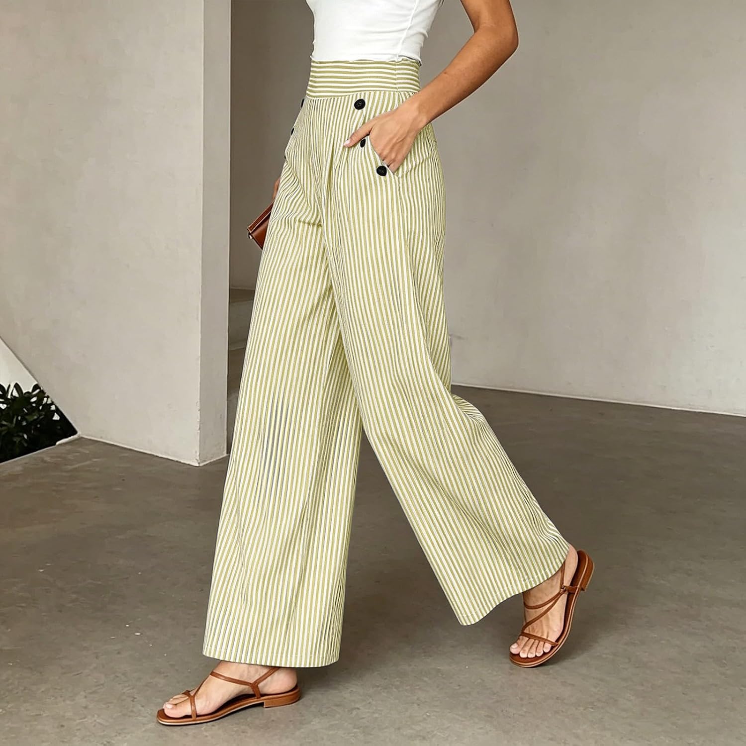 Womens Striped Wide Leg Pants High Waisted Double Button Draped Pants Trendy Casual Office Palazzo Trousers 2026