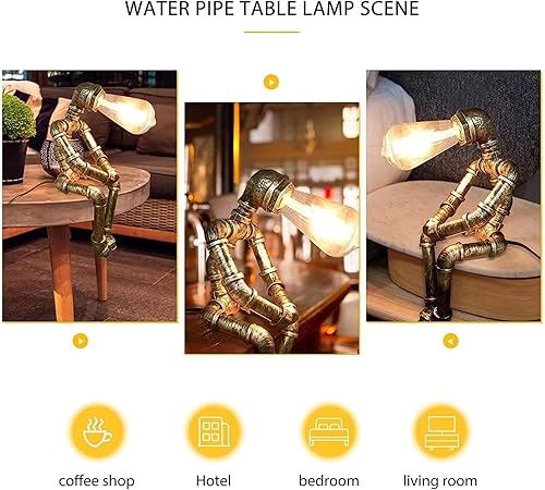 Miniatura 5 de Lámpara de mesa Steampunk, lámpara de mesa de estilo robot creativo, lámpara de tubo de agua industrial retro, adecuada para mesita de noche, mesita