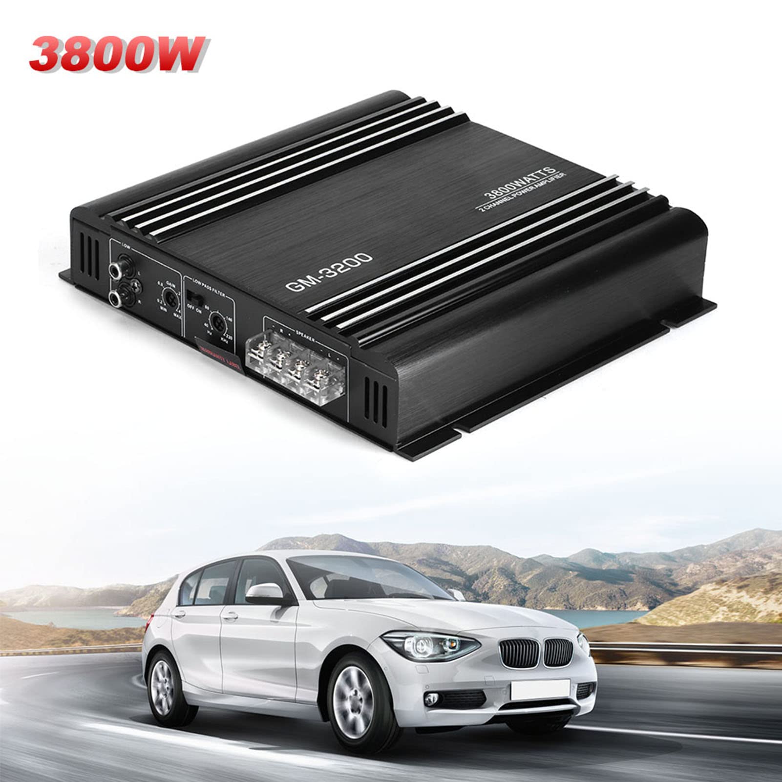 Amplificatore di Potenza Audio, Amplificatore di Potenza Audio a 2 Canali in Lega di Alluminio da 3800 W 12 V, Amplificatore Stereo per Auto Ad Alta Potenza, Amplificatore Stereo Hifi per Auto