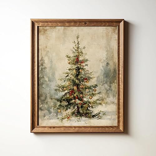 Vintage Christmas Tree Poster, Neutral Rustic Holiday Wall Art, Classic
