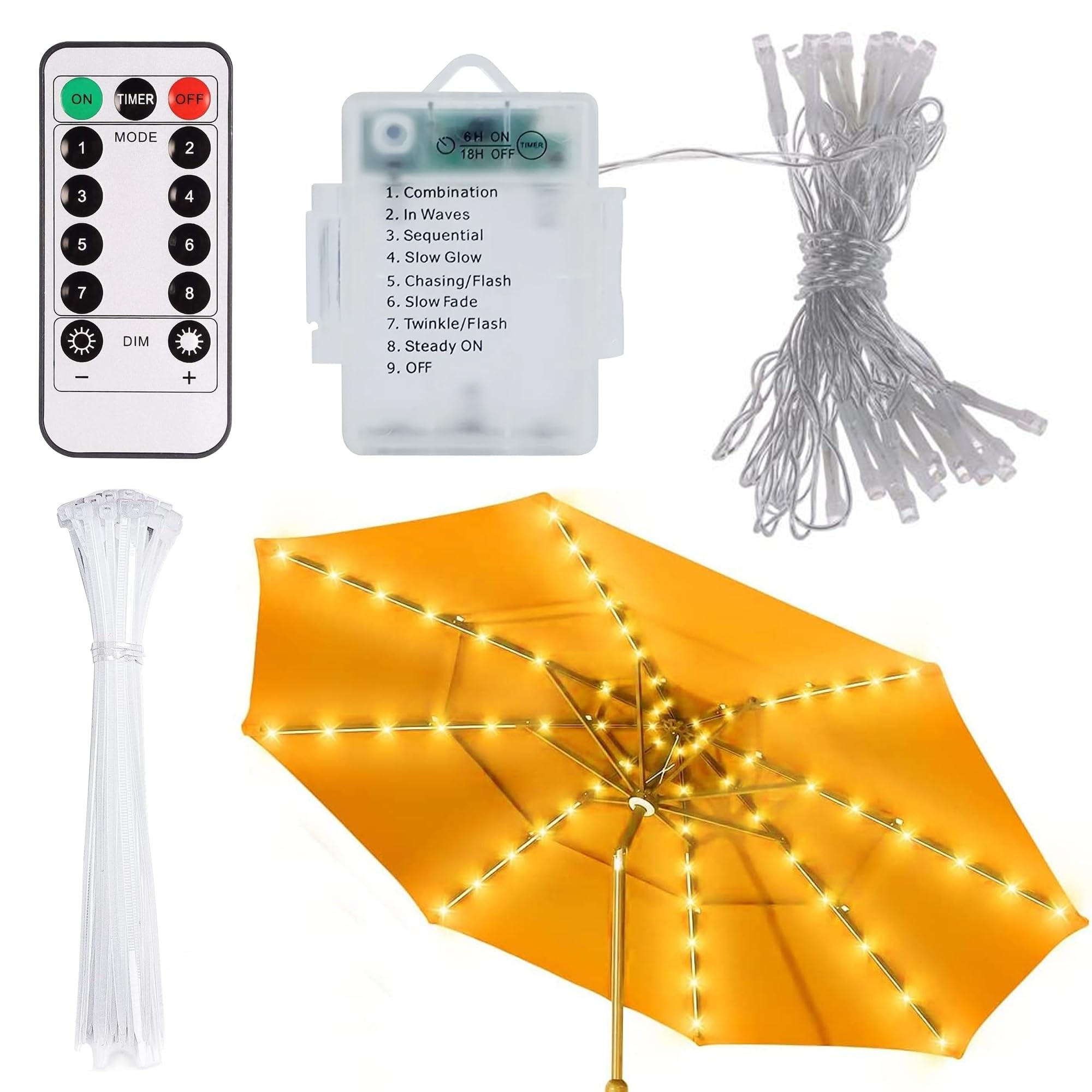 Gaoni Warm White Parasol Lights, 8 Modes Patio Umbrella Light With 104 Leds, Waterproof Battery Powered Or Usb Port, Dimmable With Timer Remote Control For Outdoor Garden Decor (Warm White)