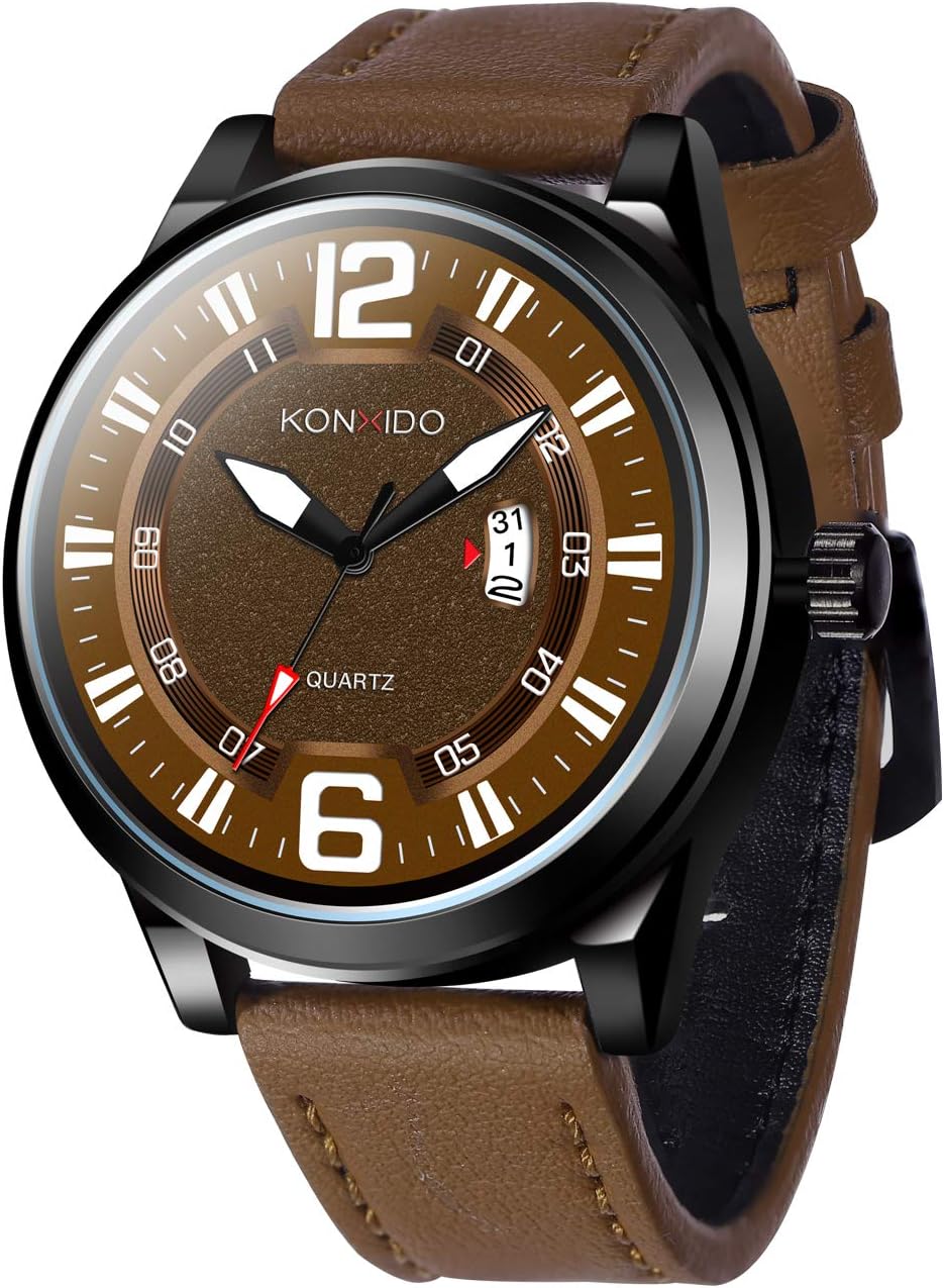 Fashion Series Men's Quartz Calendar Watch with Brown Dial Analog Display and Genuine Leather Band Fashion Design Dress Watch 3ATM Waterproof with Stainless Steel Case