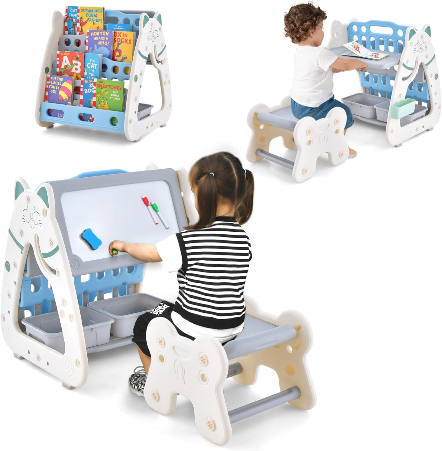 4 En 1 Tableau Enfant En Bois Avec Tableau Noir & Tableau Magnétique Réglable, Chevalet D'Art Enfant Avec Étagère à Livres & Rouleau De Papier