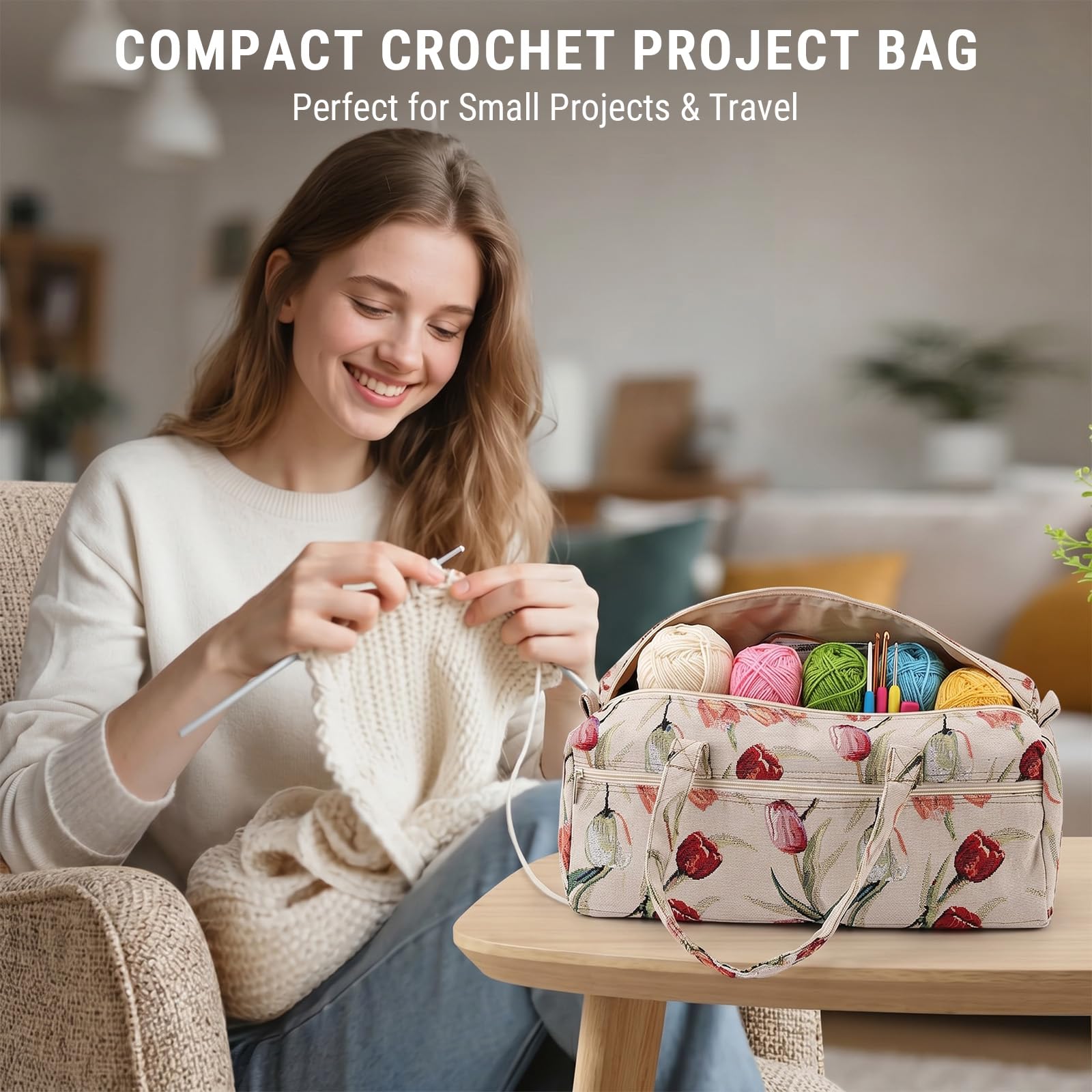 Borsa per Maglieria, Borsa da Progetto Uncinetto per Viaggiare, Casa Tessuto Artigianato Aghi di Maglia Stoccaggio Maglione Aghi da Cucire Organizzatore Borsa Rose