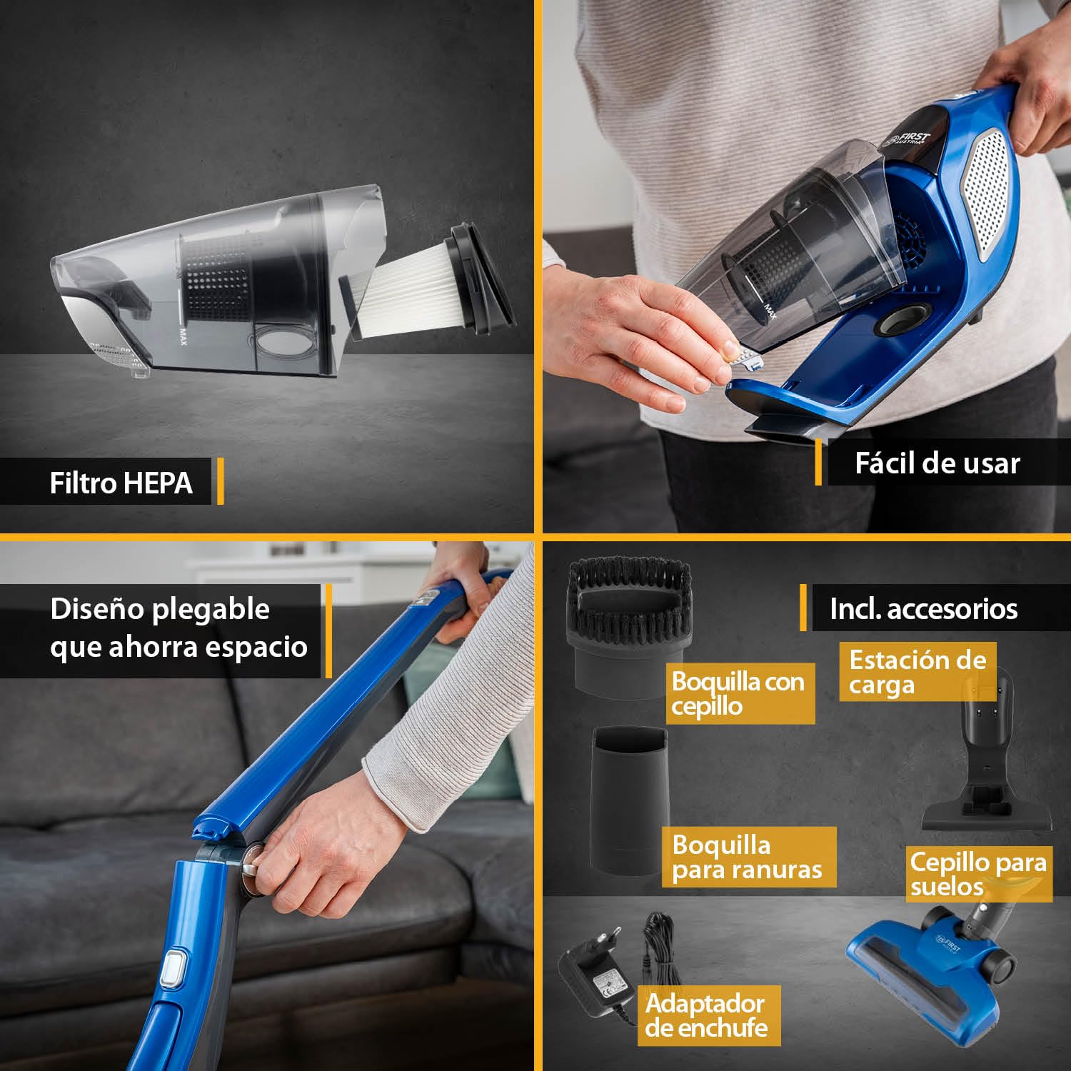 TZS First Austria Aspirador Escoba y de Mano 2 en 1 60 Minutos de autonomía | Cepillo para Suelos con luz LED | Cargador de Pared | Sin Bolsa | Inalámbrico