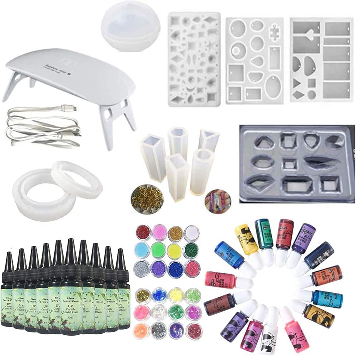 Frenshion 10 Pieces 30ML Crystal Resin +12 Molds with 100 Rings +15 Color Pigment+12 Holographic Paper+12 Glitter Powder+Lamp for DIY Handcrafted Jewelry Earrings Necklace Bracelet Making Crafting