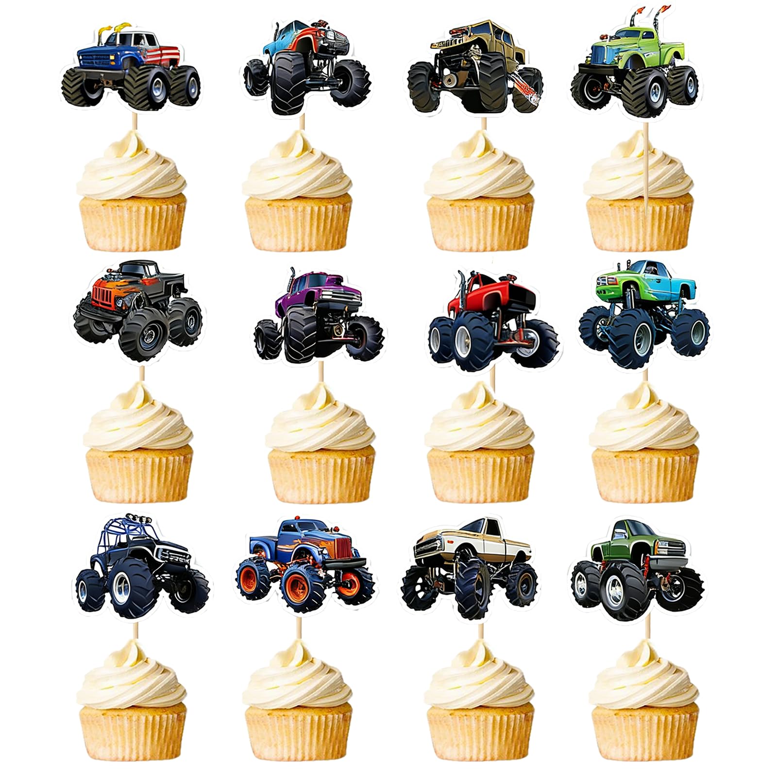 24Pcs Monster Truck Cupcake Toppers Truck Racing Car Cake Toppers Decorations for Car Theme Birthday Party Baby Shower Supplies