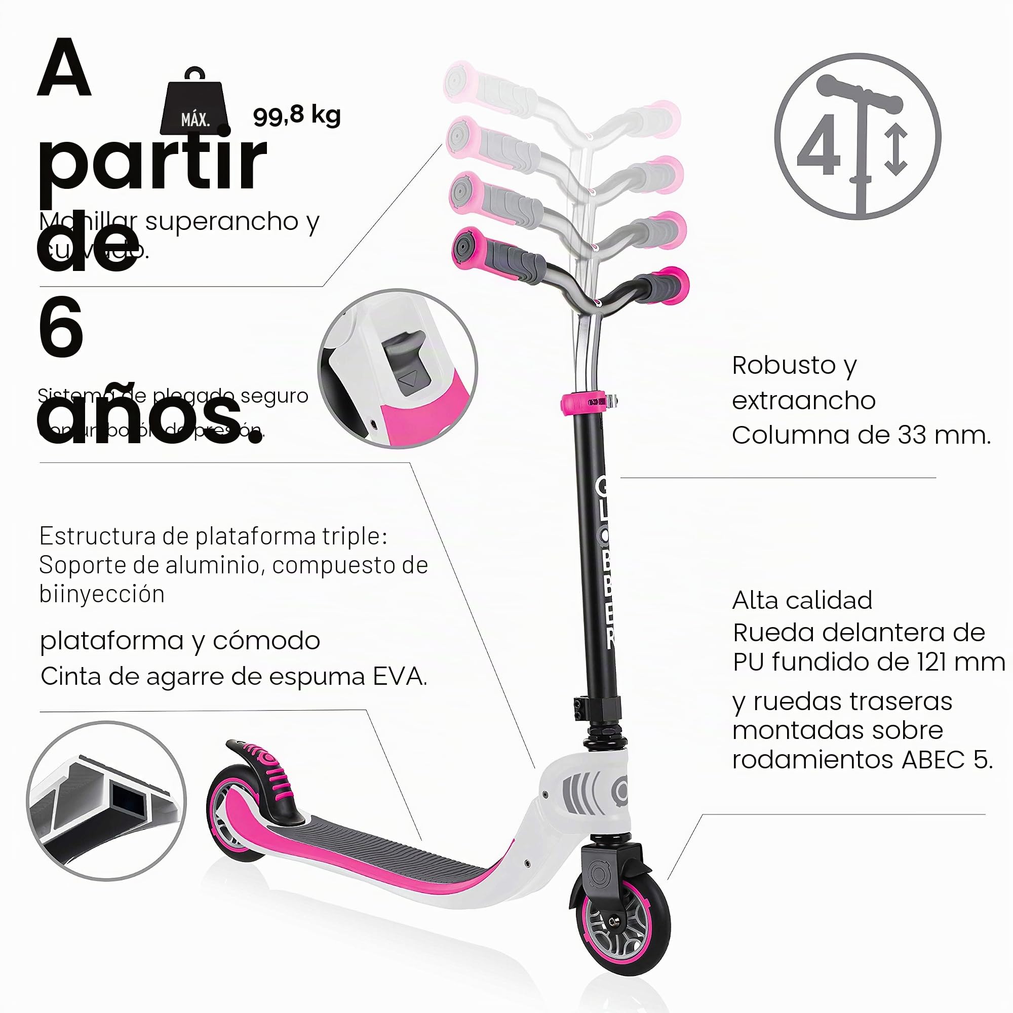 Globber - FLOW FOLDABLE 125 - Patinete plegable de 2 ruedas para niños mayores de 6 años y adolescentes , Blanco - Rosa