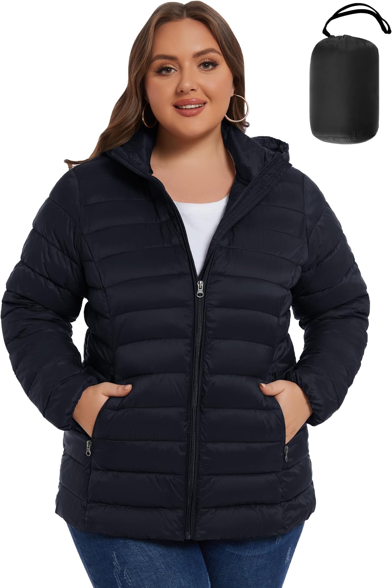 Plus Size Packable Puffer Coat for Women, Light Weight Winter Jacket with Hood
