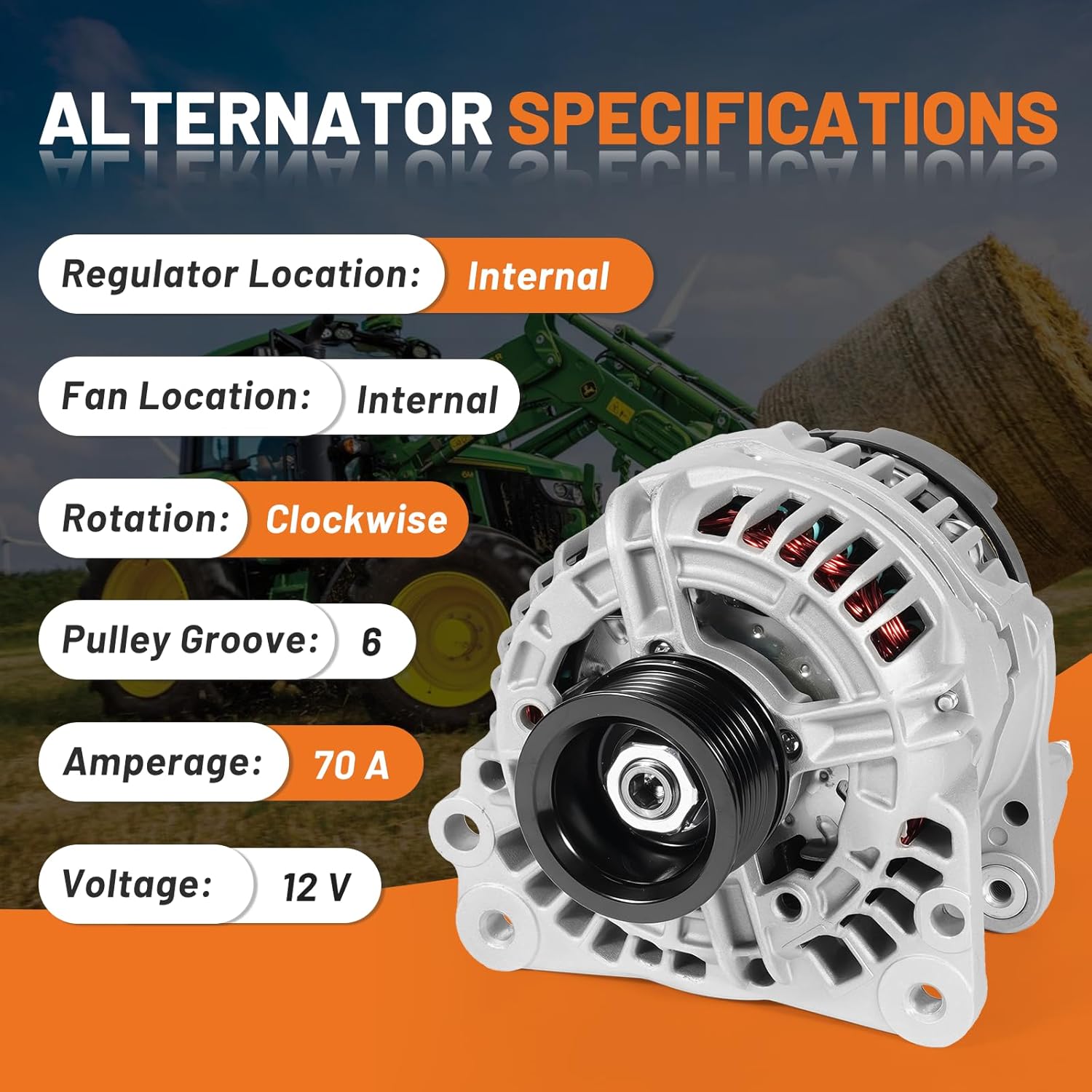RE529377 Tractor Alternator 12V/70A Fits for John Deere Loader Tractor Skid Steer Models 244J 304J 313 315 328 CT315 4120 5065M 6100D Replaces RE509648 0124315030 0124315042 SE501831 AL5057N