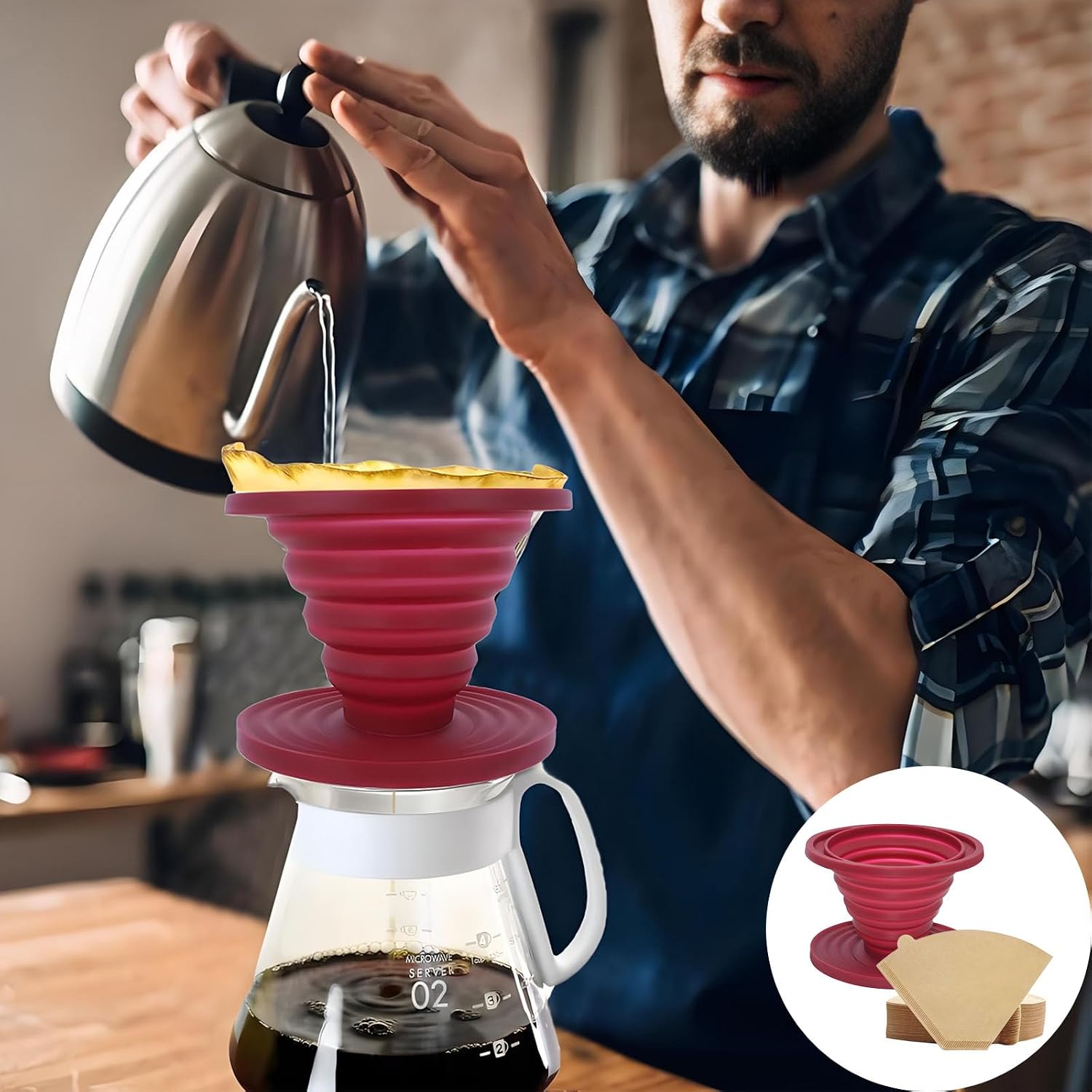 Foldable Coffee Filter, Silicone Camping Coffee Filter, Foldable, Coffee Dripper with 50 Filter Paper, Reusable Coffee Filter Holder, Portable Coffee Filter Cone, for Home, Camping (Red) image 4