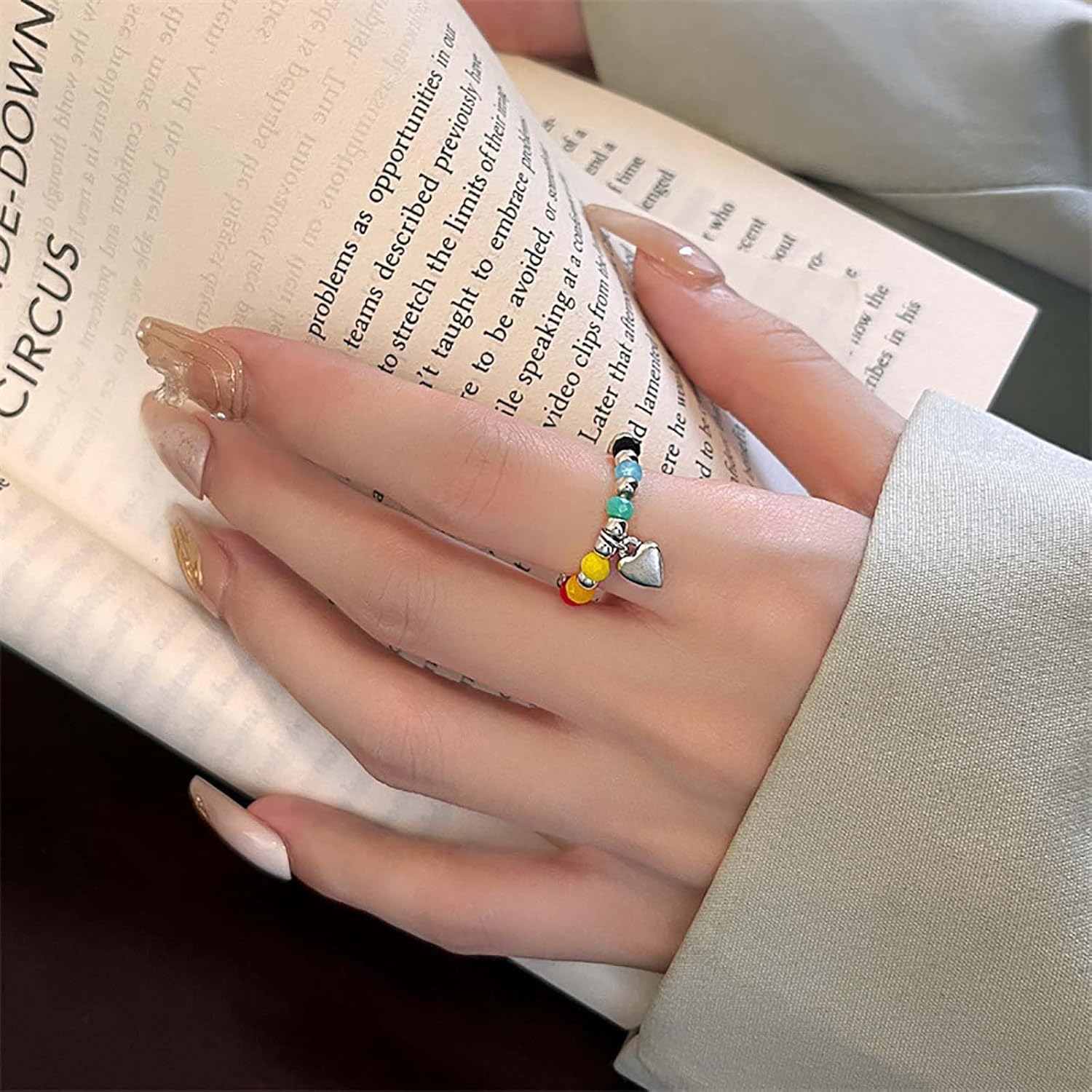 Boho Love Heart Ring Crystal Bead Stretch Ring Beaded Stackable Ring Silver Bead Elastic Finger Ring Rainbow Bead Elastic Ring Handmade Stacking Ring Jewelry for Women - Image 7