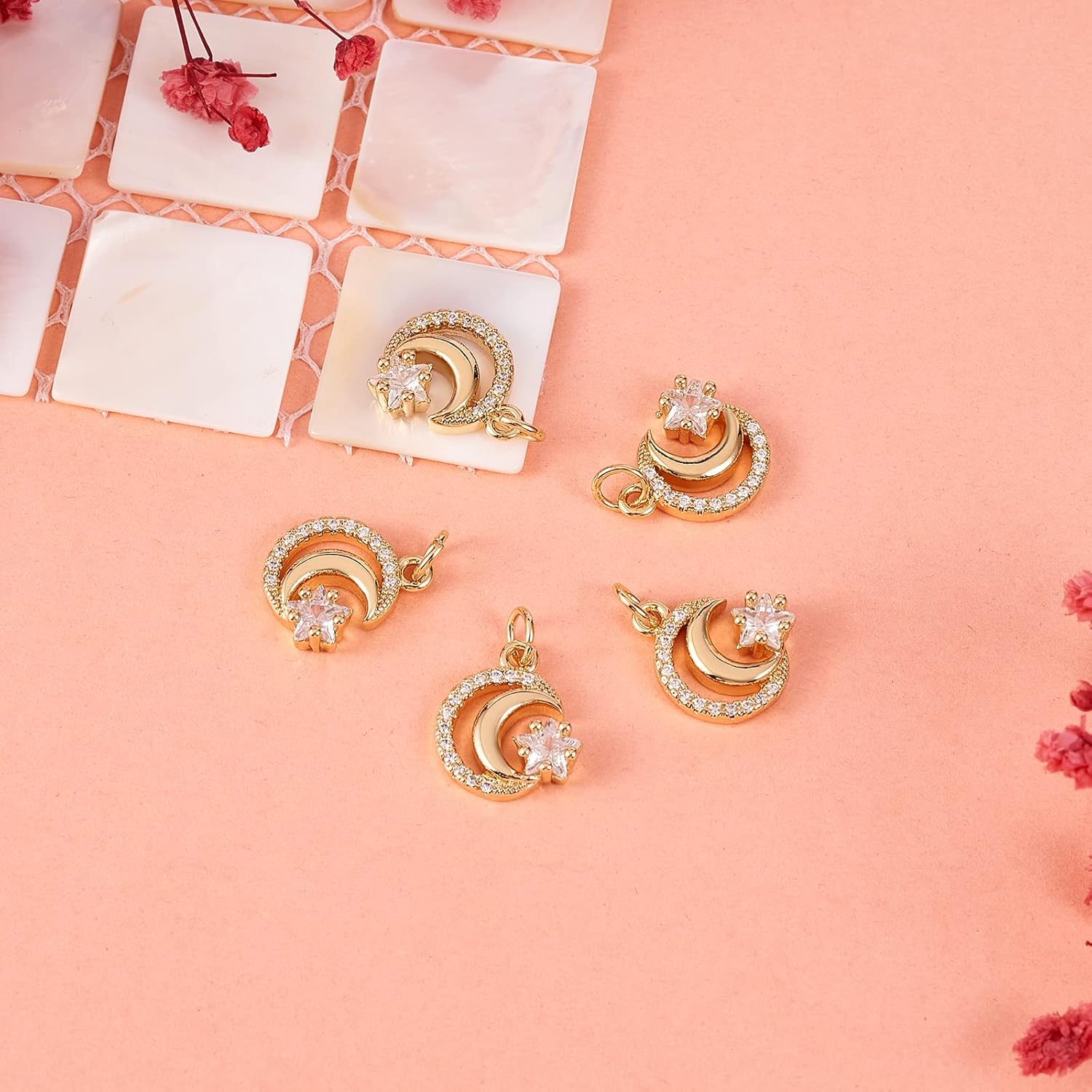 10 Pieces Moon with Star Brass Charm Pendant Cubic Zirconia Moon Phase Charm Real 18K Gold Plated for Jewelry Necklace Bracelet Making Crafts - Image 4