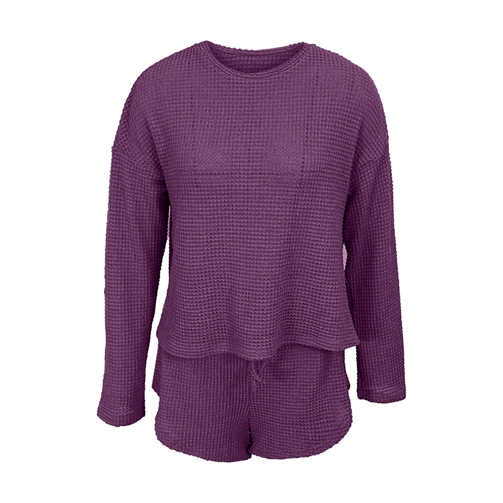 Generisch Womens Knit Pajama Sets Long Sleeve Top and Shorts Matching Set Loungewear Sweatsuit with Pockets Nacht Wäsche