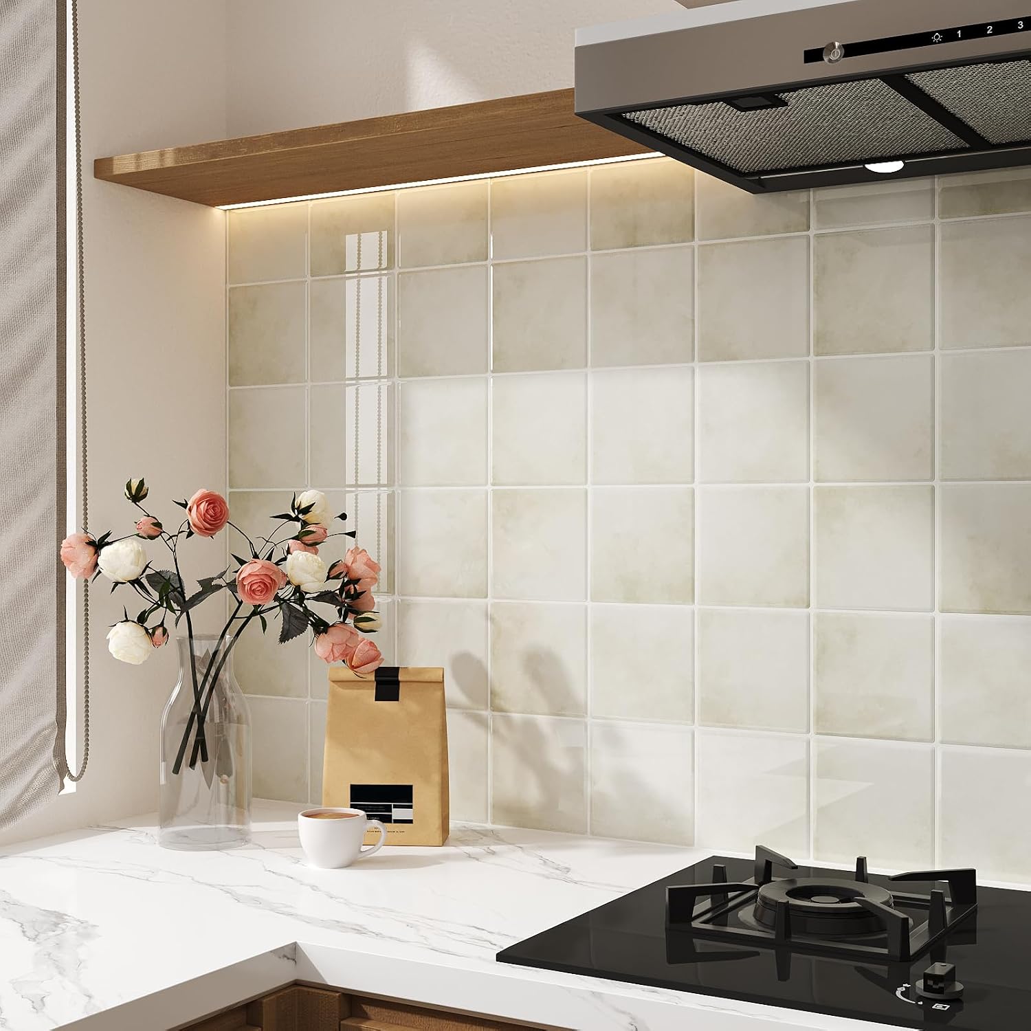 VaryStyle Cream Backsplash Tile Peel and Stick Kitchen Backsplash Renter Friendly Self Adhesive Stick on Back Splashes for Bathroom Waterproof 3D Marble Mosaic Wall Tile Stickers 12"x12" 18-Sheet
