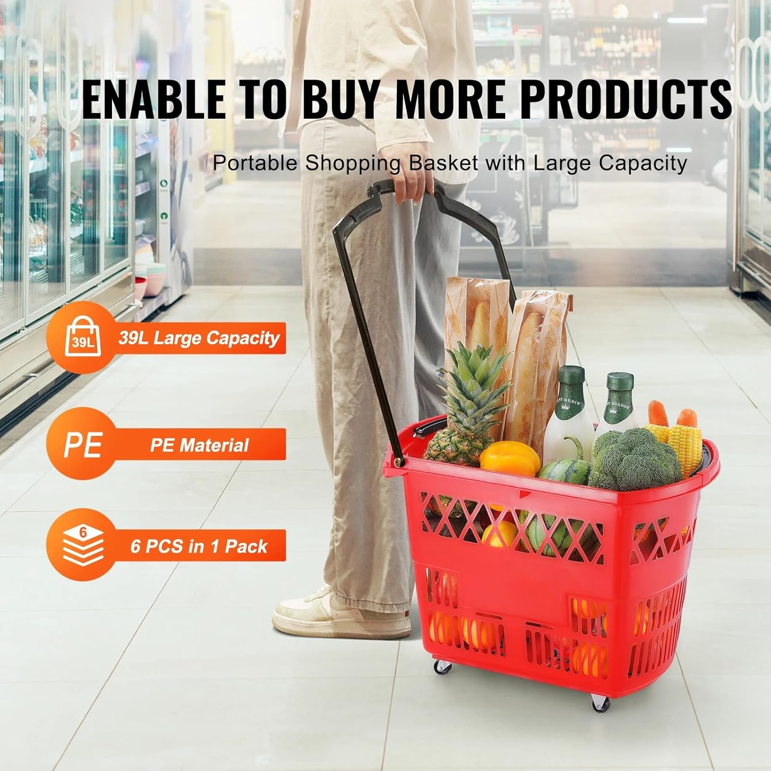 6PCS Shopping Carts,39L Plastic Rolling Shopping Basket with Wheels, Red Shopping Baskets with Handles, Portable Shopping Basket Set for Retail Store