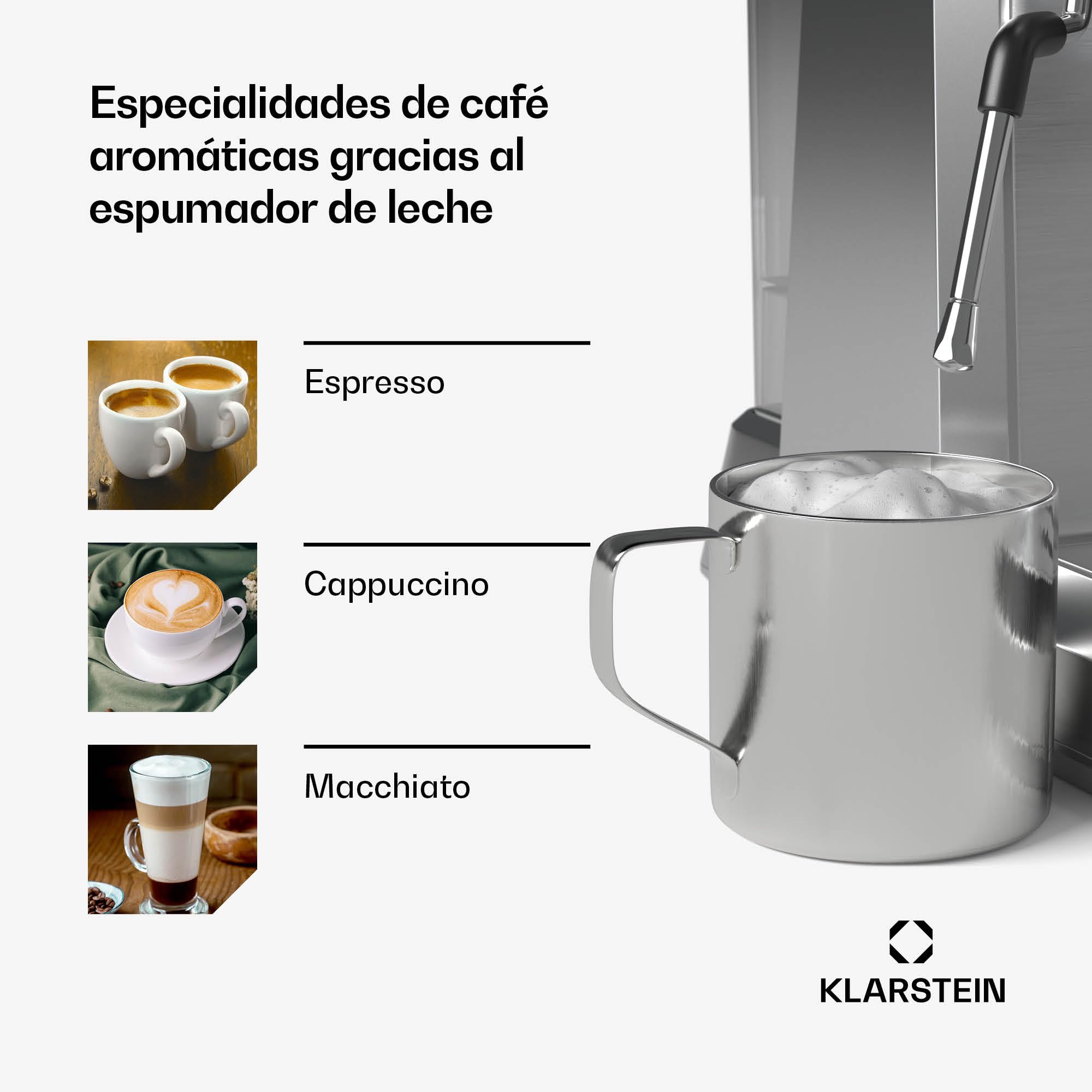 KLARSTEIN GrandPresso Cafetera Exprés 20 Bares - Molinillo Integrado, Boquilla de Vapor, 2,3L, Cafetera Barista, Espresso y Capuchino, Fácil de Usar y Limpiar