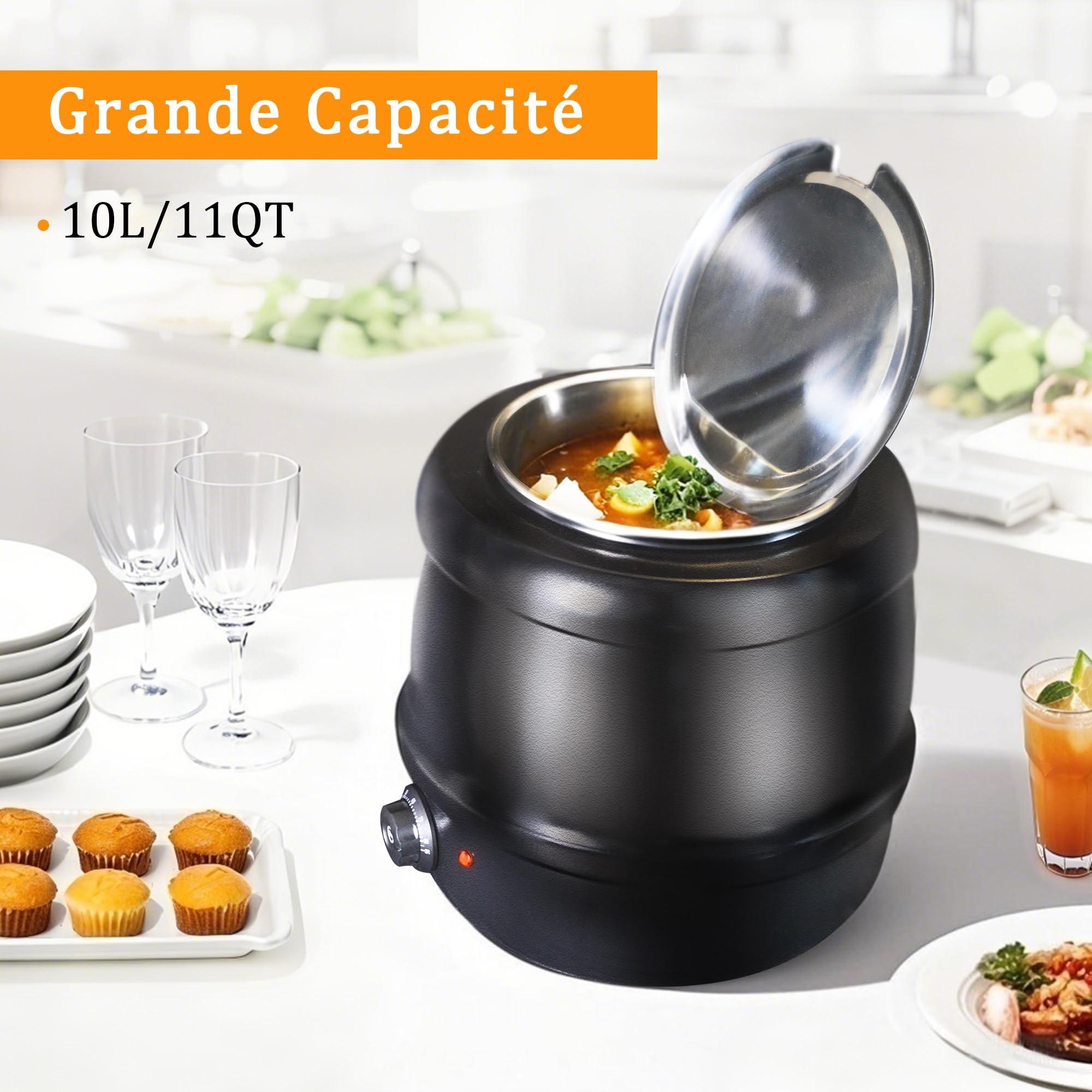 Hakka Marmite à Soupe Électrique10L, Chauffe-Soupe avec Couvercle à Charnière, Marmite Amovible en Acier Inoxydable, Température Réglable de 30 à 85 °C, Pour Restaurant, Buffet et Traiteur.