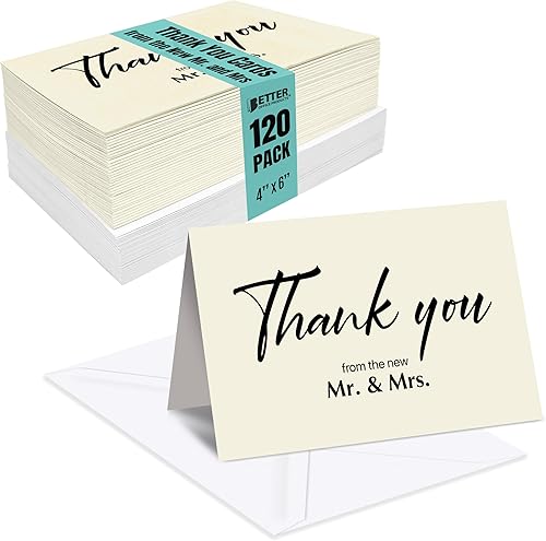 Better Office Products Paquete de 120 tarjetas de agradecimiento de boda con sobres, tarjetas de agradecimiento del nuevo señor y señora, 4 x 6