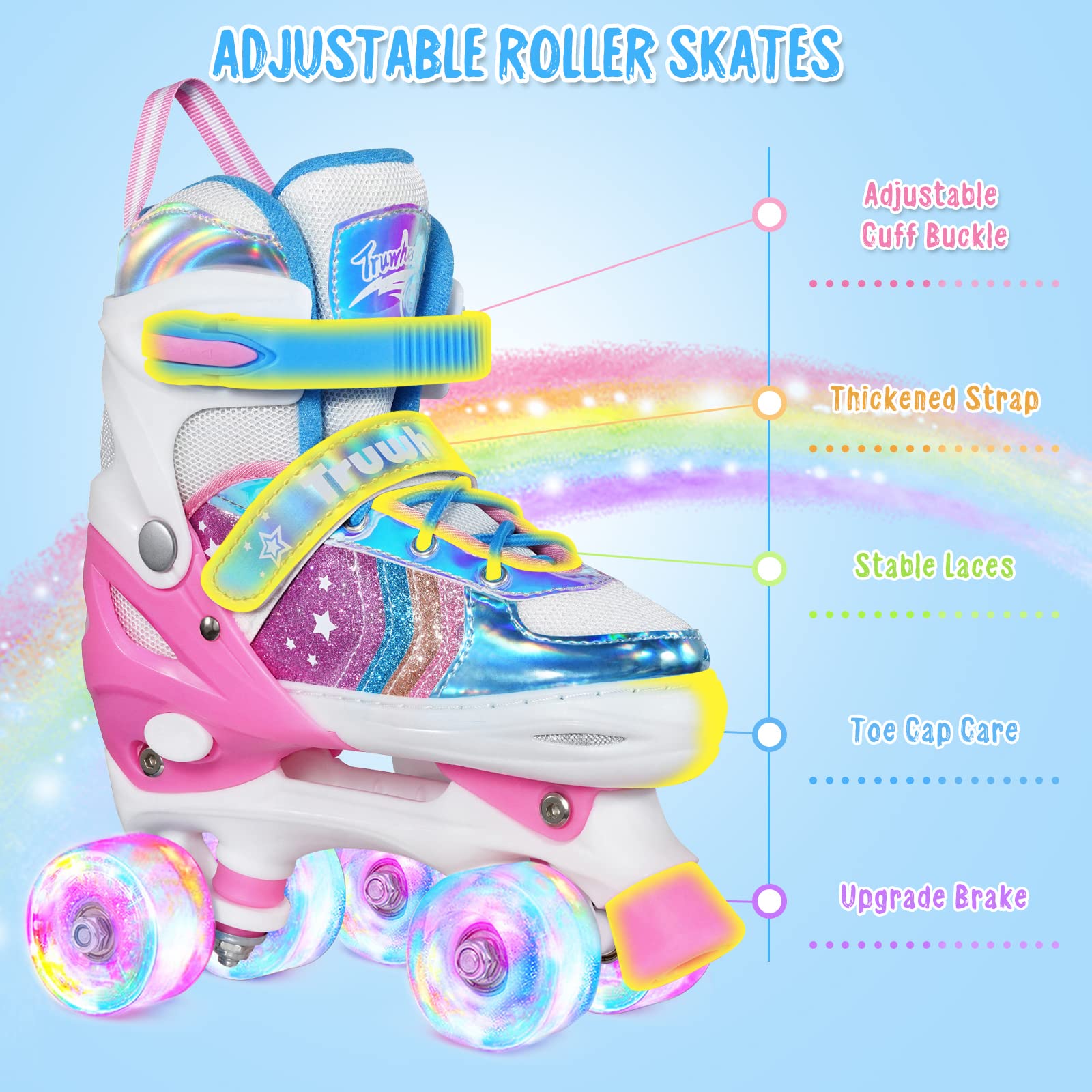 Truwheelz Rainbow Roller Skates for Girls 4 Size Adjustable Light up