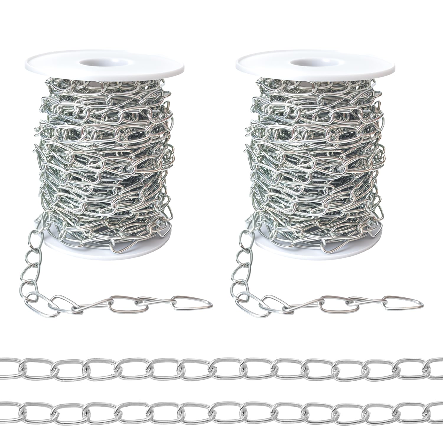 2Pack Jack Chain with Spool, 60Ft Totally Galvaniz Iron Hanging Chain, Metal Link Chain for Hanging Plants, Bird Feeders, Overhead Lights, Silver