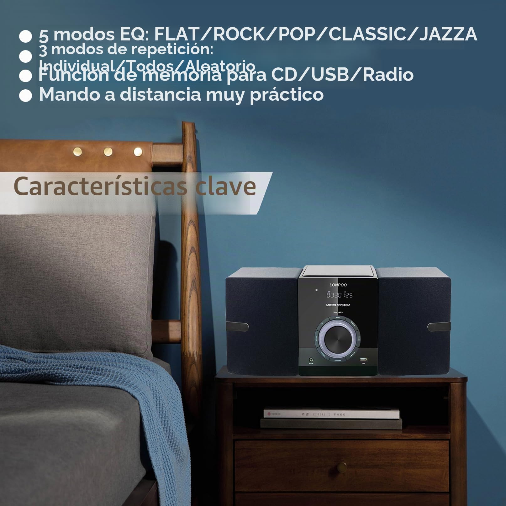 Sistema estéreo para casa Micro HiFi Compacto con Reproductor de CD, Bluetooth, Radio FM, USB, AUX-in, Pantalla LED y botón Grande, Mando a Distancia