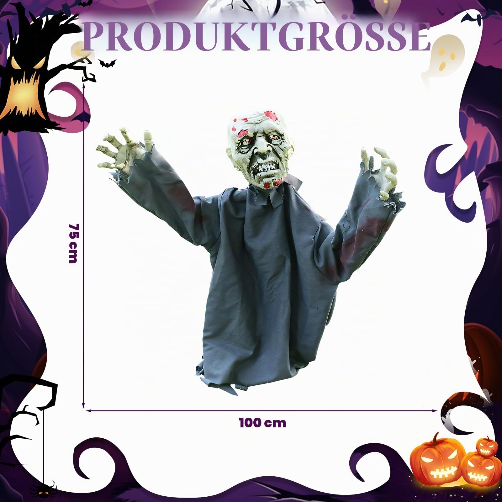 Halloween Animatronic Zombie Groundbreaker, Halloween Deko Gruselig Skelett Zombie mit Leuchtende Augen und Gruseligem Klang, Schwankender Zombie Animiert für Halloween Deko Outdoor, Garten, Rasen (B)