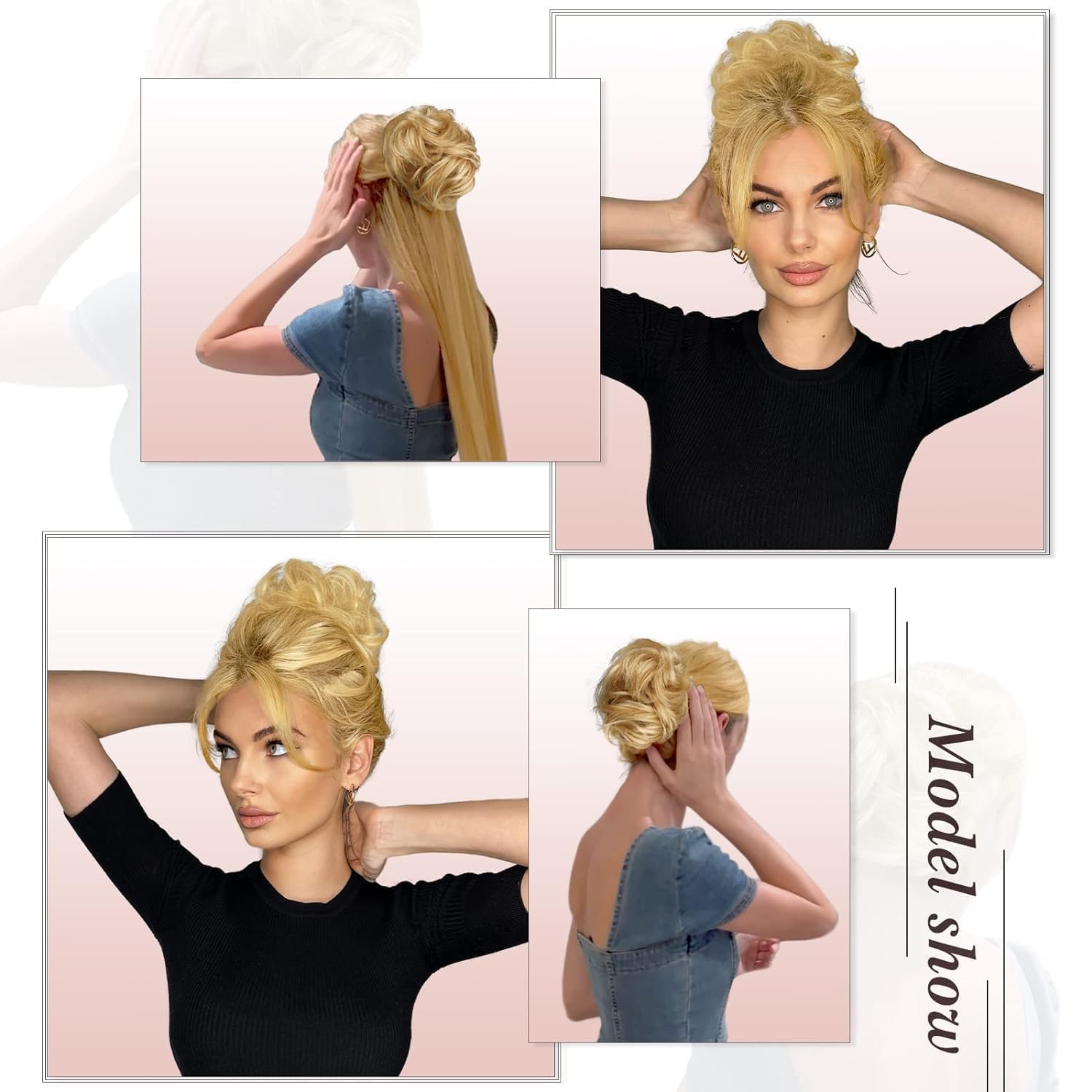 RUWISS Moño Postizo Desordenado con Pinza para Extensiones de Coleta 100% Cabello Humano Ondulado y Rizado Scrunchies de Cabello Humano Genuino con Clip para Mujeres (Negro Natural)