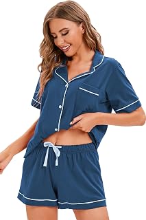 LUBOT 100% Cotton Pajamas for Women 2 Piece PJ Set Button-Down Soft Knit Short Sleeve Summer Sleepwear Loungewear XS-XXL