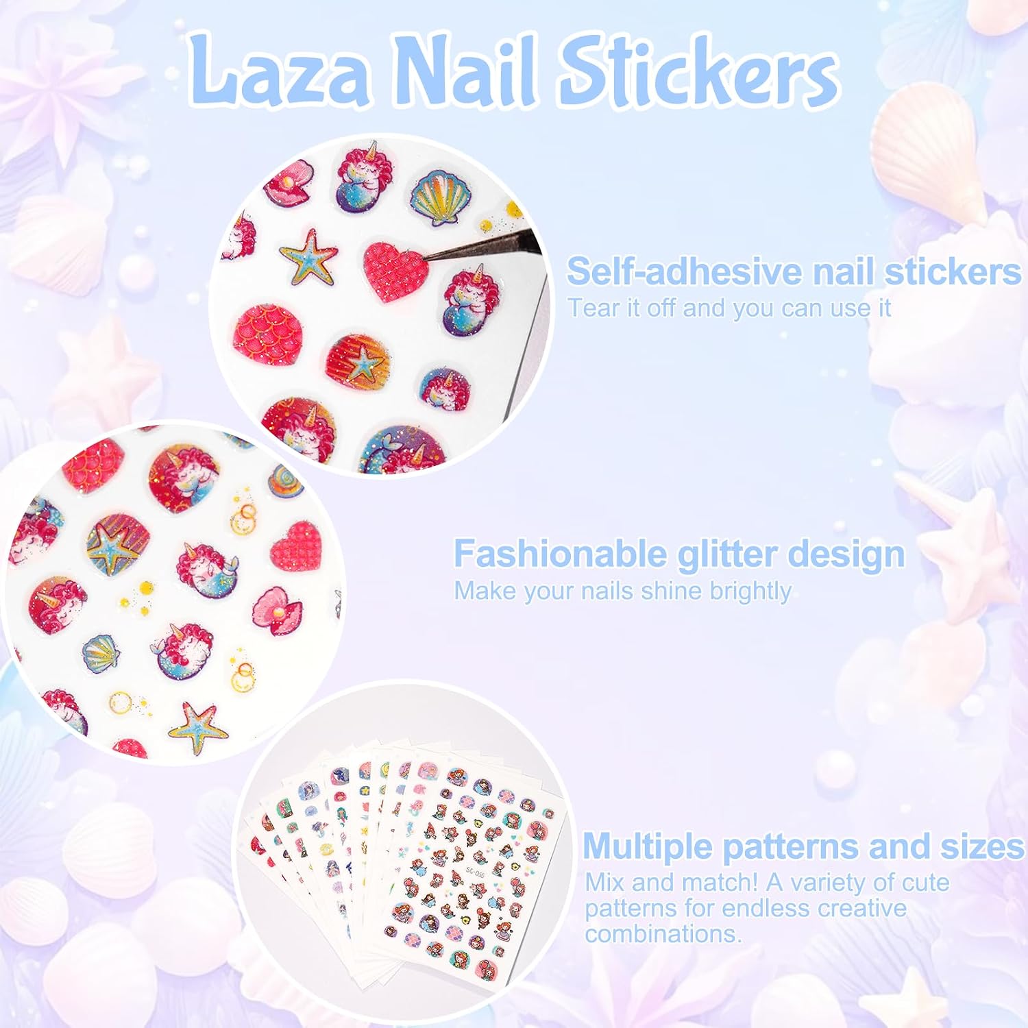 Laza 10 Sheets Nail Stickers for Kids Long Lasting Nail Art Stickers Self Adhesive Nail Decals Ocean Shell Mermaid Nail Art Decoration Lovely Christmas Gift for Children Kids Girls - Ocean World