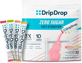 DripDrop Zero Sugar Hydration Packets Variety Pack - Lemon Lime, Watermelon, Peach, Passion Fruit Electrolyte Powder - 32 Sticks, Gluten-Free, Vegan