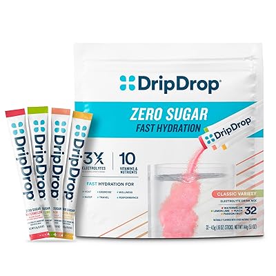 DripDrop Sugar Free Hydration Packets - Zero Classic Variety Pack - Single Serve Electrolytes Powder Drink Mix - Lemon Lime, Watermelon, Peach, Passion Fruit - Non-GMO, Gluten Free, Vegan - 32 Sticks