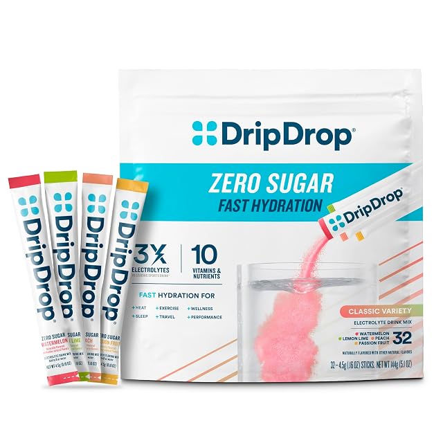 DripDrop Sugar Free Hydration Packets - Zero Classic Variety Pack - Single Serve Electrolytes Powder Drink Mix -