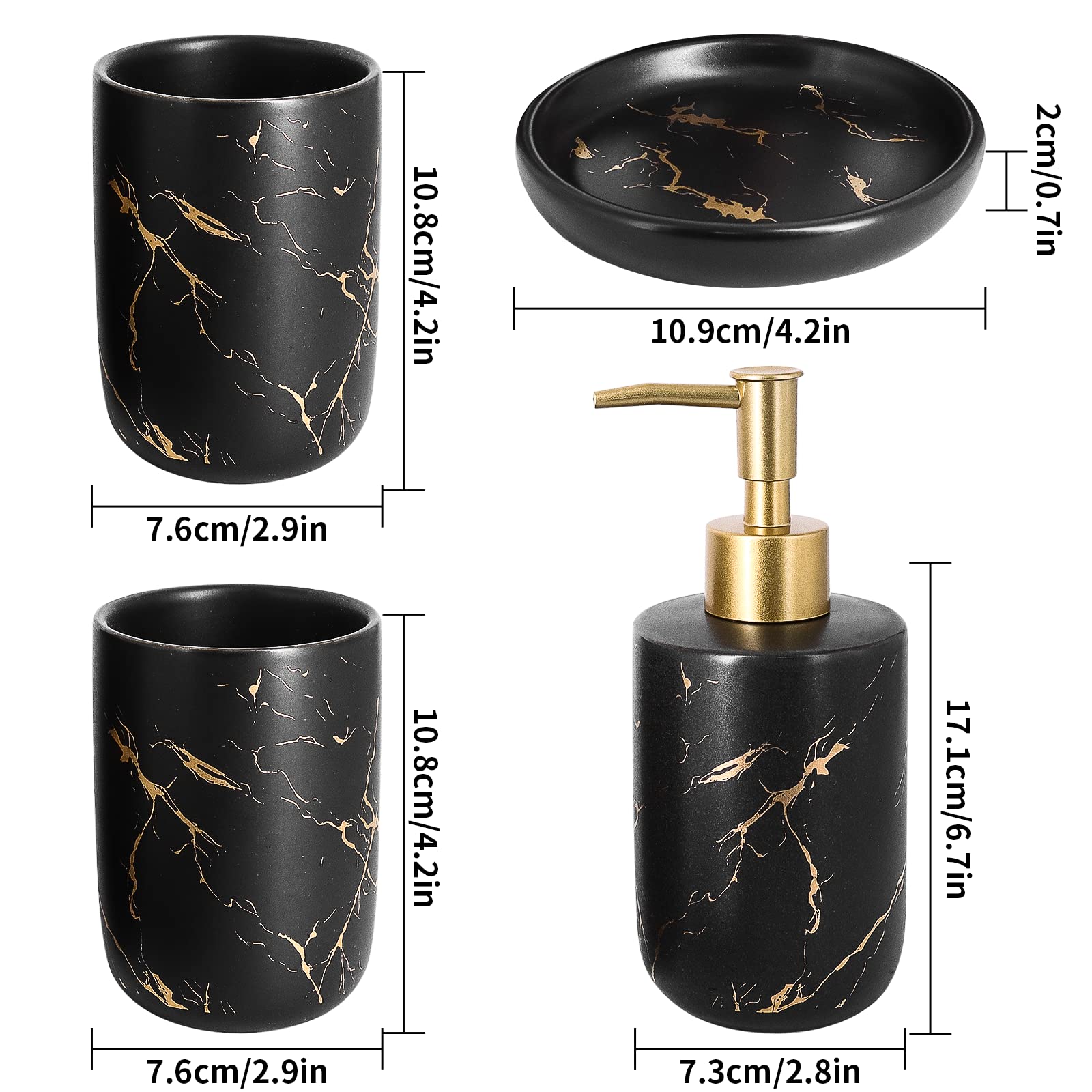 Topsky Bathroom Décor Set, Countertop Accessories Set, Black Marble Look Ceramic Bathroom Accessories Set, Bathroom Container Set with Soap Dish, Soap Dispenser, Bathroom Tumbler, Toothbrush Holder