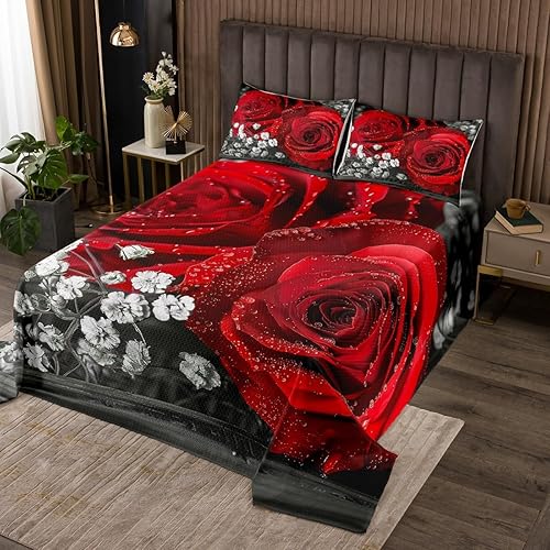 Miniatura 2 de Juego de edredón floral de rosas rojas, tamaño Queen, juego de colcha de flores impresas en 3D, juego de colcha botánica para el día de San