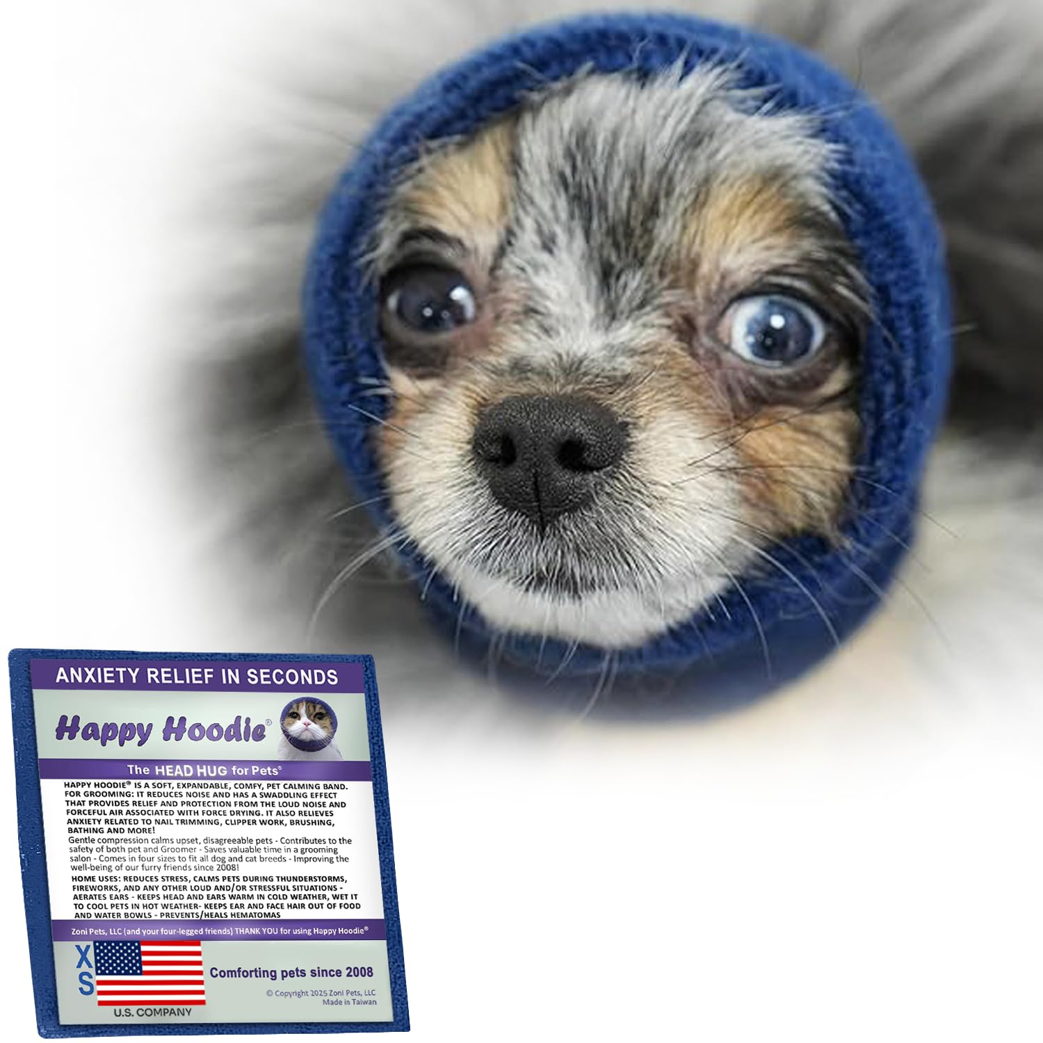 Happy Hoodie The Original Calming Band for Dogs & Cats - for Anxiety Relief – Noise Canceling for Fireworks, Thunderstorms, Pet Grooming & Force Drying - Dog Calming Aid Since 2008 (XS, Blue)