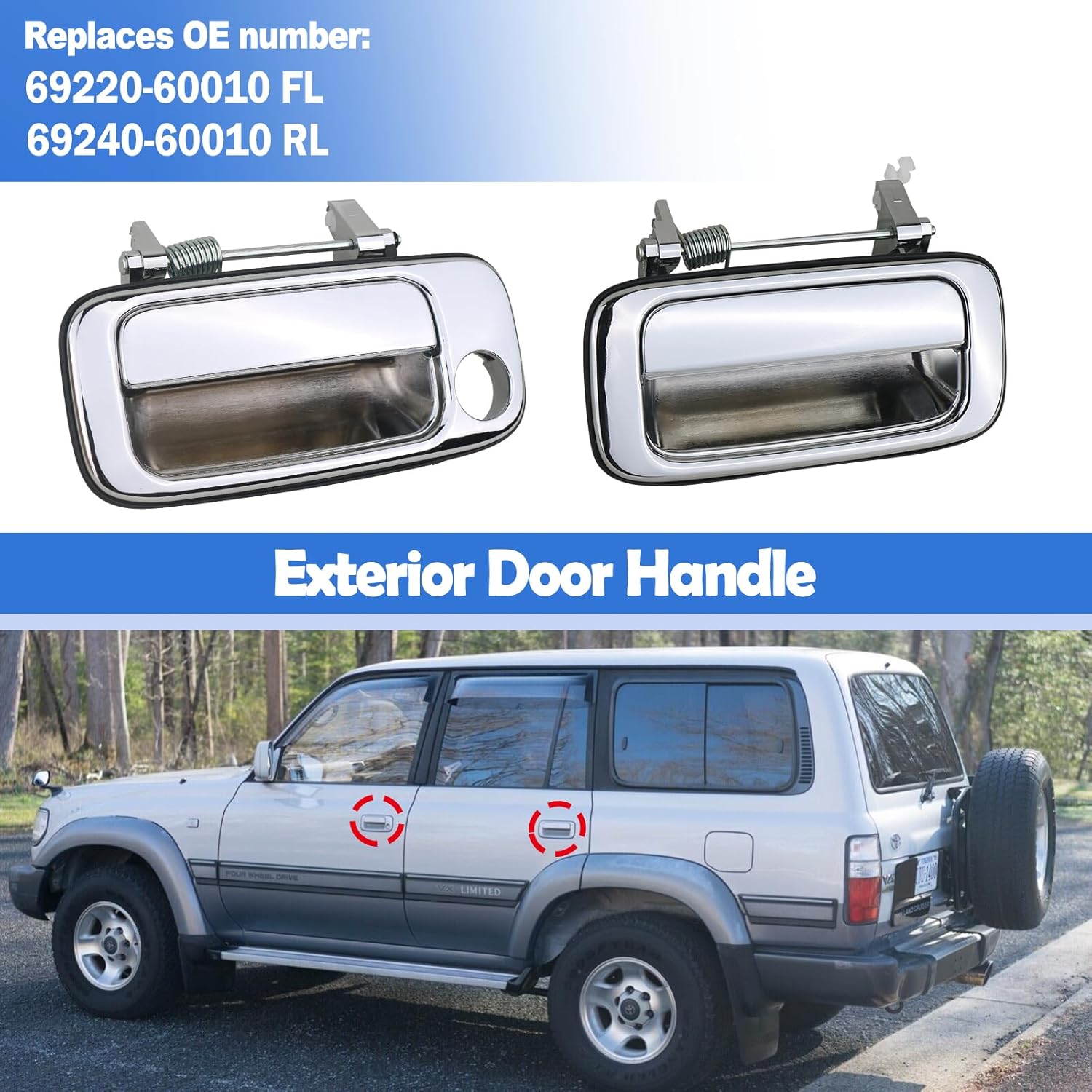 Osompar Exterior Door Handle Fit for Toyota Land Cruiser 80 Series Lexus LX450 1990-1998 Replaces 69210-60010 69220-60010 69230-60010 69240-60010 4pcs Chrome Front Rear Driver Passenger Side