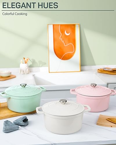 Miniatura 10 de Olla holandesa de 6 cuartos de galón con tapa, horno holandés de hierro fundido esmaltado para hacer pan, estofar, cocinar, asas dobles, apta para