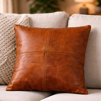 RAJERIYA 18x18 Leather Throw Pillow Cover Brown, Genuine Real Leather Decorative Cushion Case, Modern Solid Accent Pillow for Couch Sofa Bed