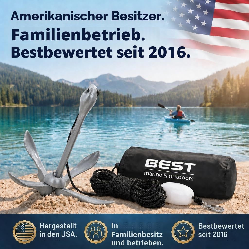 Best Marine and Outdoors Kajak-Anker, 1,6 kg schweres Ankersystem-Set für Kajaks, Kanus, SUP Paddle Boards & Jetski, Angeln, Bootfahren & Kajakzubehör