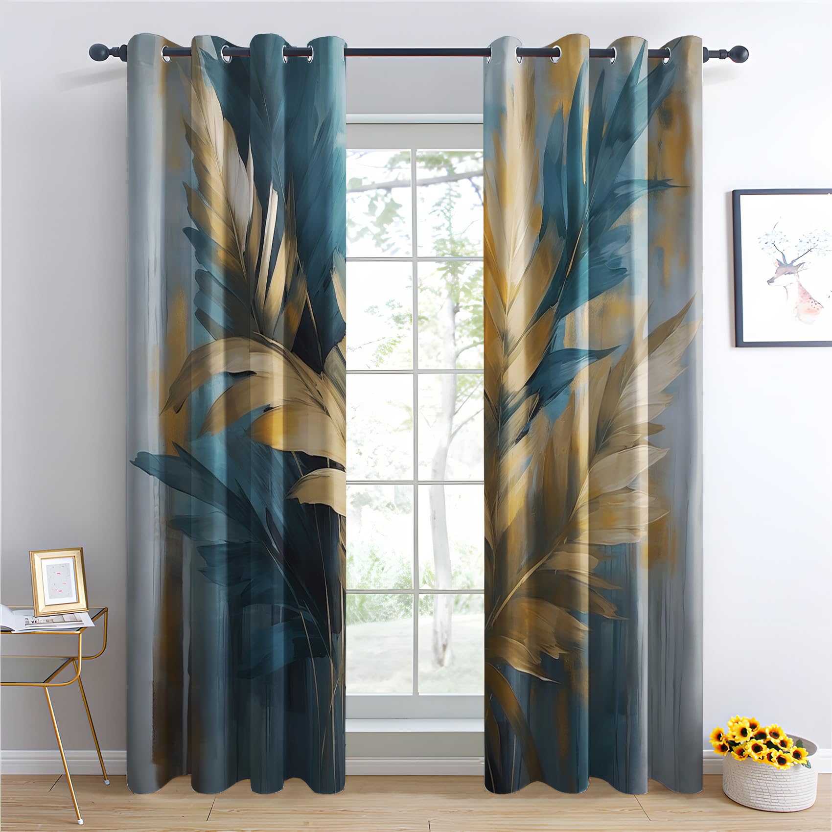 Rideau Occultant Feuille, Or Gris Bleu Motif Rideaux Thermiques à Oeillets, Rideaux Imprimé pour Salon Chambre Fenetre Moderne Décoration, 140x240 cm (L x H), Lot de 2