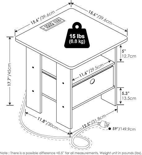Miniatura 3 de Furinno- Colección Andrey- Mesa auxiliar, estación de carga con puerto USB y puerto tipo C con compartimento de almacenamiento, 15.55 pulg ancho x