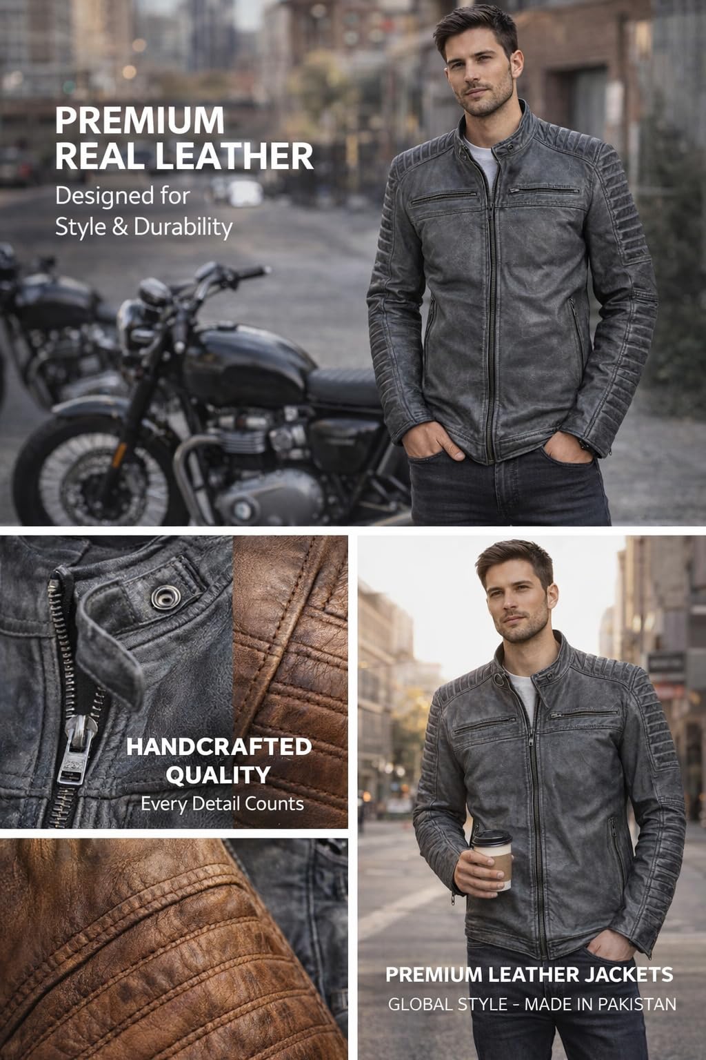 FAPA Chaqueta de piel de manga larga para hombre, elegante chaqueta de motorista, chaqueta de piel para hombre con cuello alto, chaqueta de entretiempo de piel auténtica, disponible en 3 colores