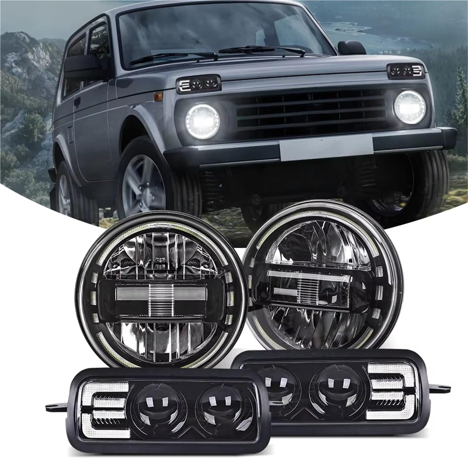 Faros Para LADA Para NIVA 4X4 Luces Circulación Diurna 7 Pulgadas DRL Luces Señal Giro Led 12v Conjunto Luces Coche Faro(Lada running light)