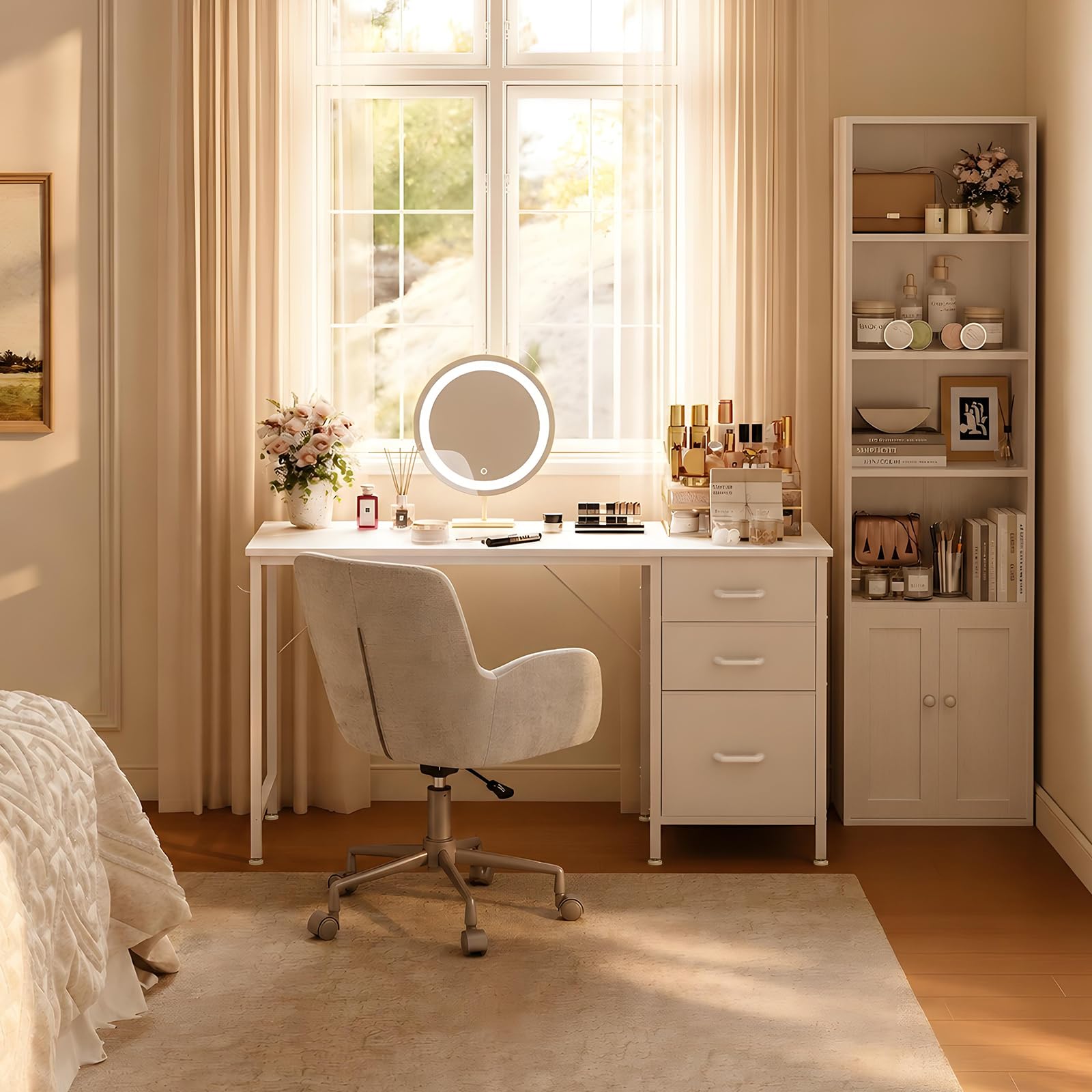 Coleshome Set Mobili Ufficio, Scrivania 120x48cm con 3 Cassetti e Portacuffie & Libreria a 6 Ripiani con Ante 176cm, Set Scrivania e Scaffale Salvaspazio per Casa e Studio, Bianco