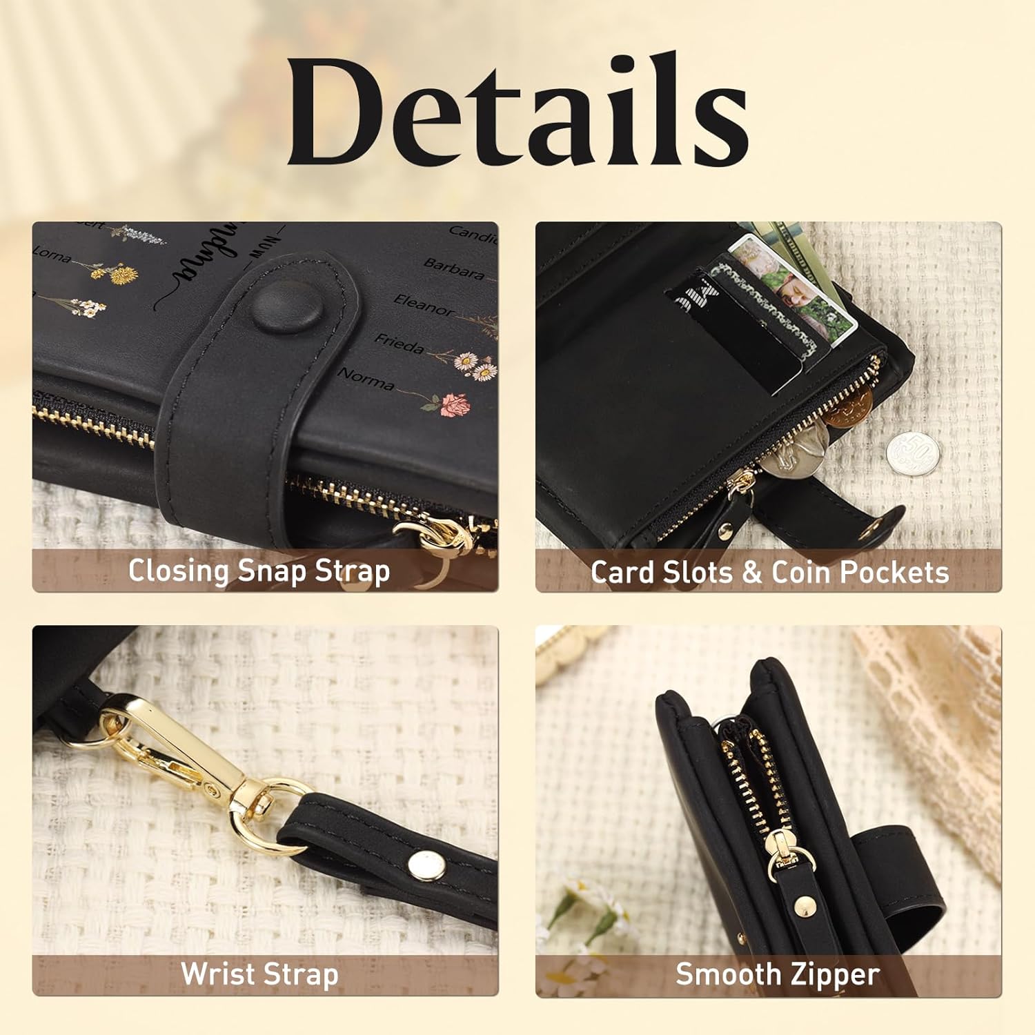 Personalized Names Birth Flowers Wallet for Women - Custom 12 Names with Birth Flowers Wallet First Mom Now Grandma Gifts for Mother's Day Gift