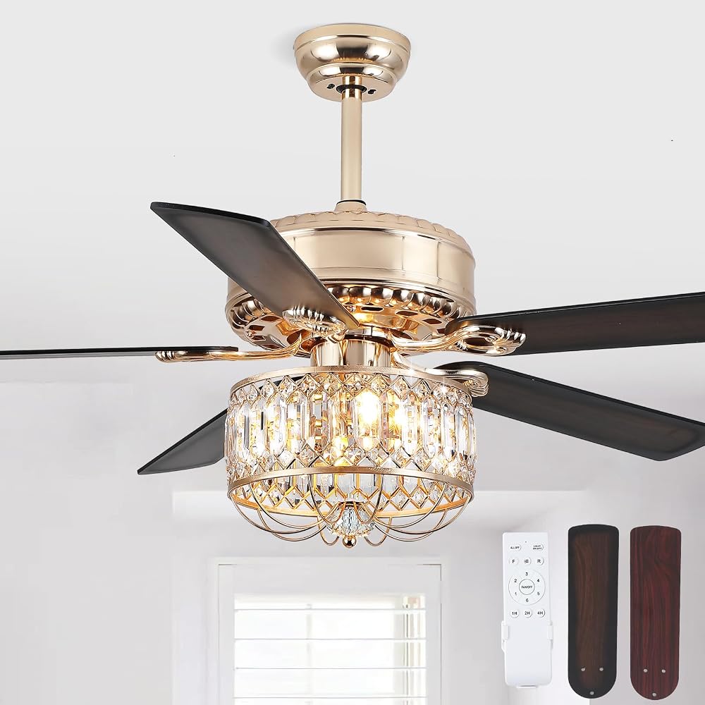 Kviflon 132.1cm(52인치) 크리스탈 샹들리에 천장 선풍기, 조명 골드 포함 — 사진 1